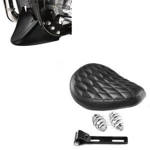 Set: Moto Selle Siège Craftride Diamond Contoured avec ressorts pour custombikes en noir + Sabot Moteur Moto Craftride Déflecteur avant compatible avec Harley Davidson Sportster 04-20 en noir