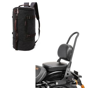 Set: Sissybar passend für Harley Davidson Sportster 04-20 Craftride Fast Rider-M schwarz + Motorrad Rucksack Canvas Craftride VG8 Hecktasche Vintage 35Ltr schwarz