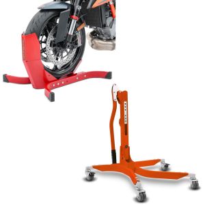 Set: Zentralständer Power ohne Adapterplatte orange + Wippe Easy-Plus ständer bis 21 Zoll rot_1