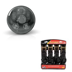 Set: LED Scheinwerfer 5,75 Zoll passend für Harley Davidson Hauptscheinwerfer schwarz Craftride + Motorrad Spanngurt Set ConStands mit Ratsche und Haken inkl 4x Zurrschlaufe in schwarz