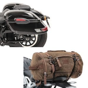 Set: Seitenkoffer Set Delaware 33Ltr rechts und links in schwarz + Hecktasche Vintage 25L Canvas Rucksack Gepäckrolle braun 