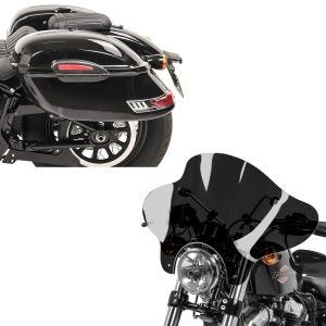 Set: Seitenkoffer Set Delaware 33Ltr rechts und links in schwarz + Windschild Batwing passend für Custombikes inkl. Haltesatz dunkel getönt