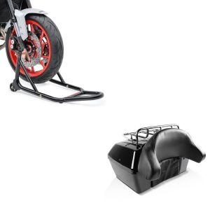 Set: Topcase Missouri 43Ltr für Chopper abschließbar schwarz + Montageständer Vorderrad Motorradständer vorne_1