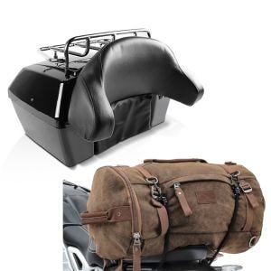 Set: Topcase Missouri 43Ltr für Chopper abschließbar schwarz + Hecktasche Vintage 35L Canvas Rucksack Gepäckrolle braun_1