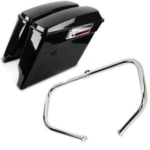 Set: Seitenkoffer Set passend für Harley Davidson Touring 94-13 Craftride Stretched 35Ltr in schwarz + Sturzbügel passend für Harley Davidson Touring 97-08 Craftride TR1 chrom