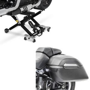 Set: Seitenkoffer Set K3 33Ltr inkl Haltesatz Hartschalenkoffer in schwarz + Hebebühne Mid-lift XL Motorradheber bis 500kg in schwarz