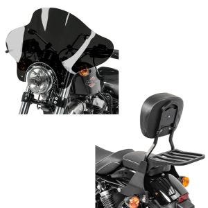 Set: Sissybar Harley Sportster 04-20 DS mit Rack + Windschild Batwing für Custombikes inkl. Haltesatz dunkel getönt_1