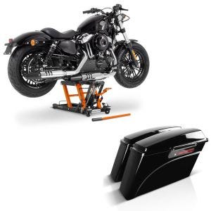 Set: Seitenkoffer Set passend für Harley Davidson Touring 94-13 Hartschalenkoffer Craftride 30Ltr Black Latch + Motorrad Hebebühne ConStands Mid-lift L Motorradheber für Chopper bis 680kg in orange