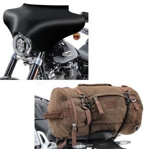Set: Batwing Verkleidung für Harley Davidson matt + Hecktasche Vintage 35L Canvas Rucksack Gepäckrolle braun_1