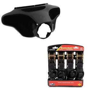 Set: Batwing Verkleidung passend für Harley Davidson Touring 96-13 Craftride in schwarz + Motorrad Spanngurt Set ConStands mit Ratsche und Haken inkl 4x Zurrschlaufe in schwarz