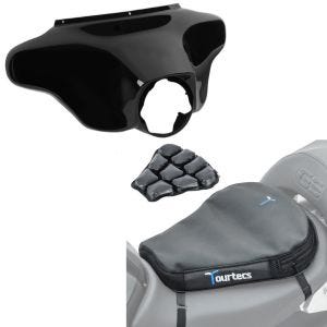 Set: Batwing Verkleidung passend für Harley Davidson Touring 96-13 Craftride in schwarz + Motorrad Luftkissen Tourtecs Air Deluxe M Komfort Sitzkissen in schwarz