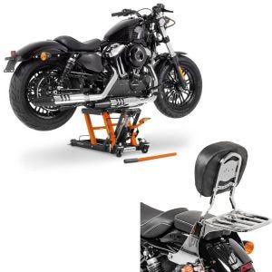Set: Sissybar für Harley Sportster 04-20 mit Rack chrom + Hebebühne Mid L für Harley und Chopper bis 680kg og_1