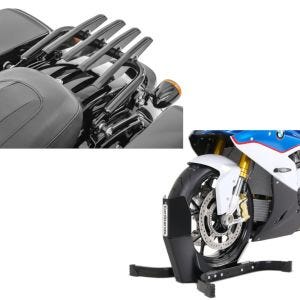 Set: Porte-bagages compatible avec Harley Davidson Touring 09-24 Craftride détachable en noir + Moto Bloque Roue ConStands Easy Plus Bequille Avant pour roues max. 21" noir