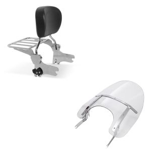 Set: Paré-Brise compatible avec Harley Davidson Road King / Classic/ Special 93-23 Craftride détachable + Sissy Bar avec porte bagages compatible avec Harley Davidson Electra-Street-Road Glide, Road King 1997-2008 Craftride
