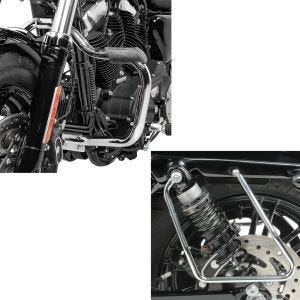 Set: Sturzbügel passend für Harley Davidson Sportster 2004-2020 Craftride Mustache chrom + Satteltaschenhalter passend für Harley Davidson Sportster 04-20 chrom Craftride