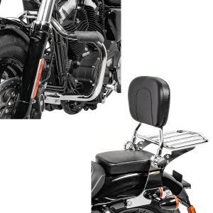 Set: Sissybar Harley Sportster 04-20 L Flex mit Rack chrom + Sturzbügel für Harley Davidson Sportster 2004-2020 Mustache chrom_1