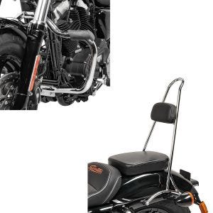 Set: Sissybar Tall Harley Sportster 04-20 Rider-XXL chrom + Sturzbügel für Harley Davidson Sportster 2004-2020 Mustache chrom_1