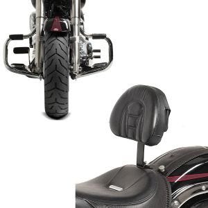 Set: Fahrer Rückenlehne Tech passend für Harley Davidson Softail Modelle 07-17 Craftride + Sturzbügel passend für Harley Davidson Softail 2000-2017 Craftride Mustache chrom