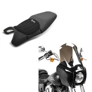 Set: Carenage compatible avec Harley Davidson Dyna Low Rider / Street Bob Craftride MG5 avec pare-brise noir-fumé + Moto Gel Coussin de selle Tourtecs Néoprène M en noir