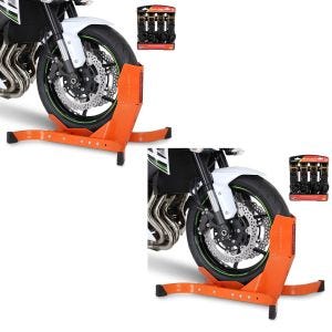 2x ConStands Easy Plus - Vorderradhalterung inklusive 4-fach Spanngurt-Set orange für Anhänger | Zurrschlaufen Radhalter Radklemme Spar-Set_1