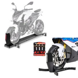 Set: Rangierschiene mit Wippe Smart Mover bis 450 kg in grau + Easy Plus - Motorradwippe inklusive 4-fach Spanngurt-Set für Anhänger_1