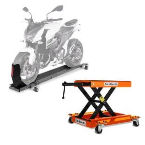 Rail de Range avec Bloque Roue Smart Mover max. 450 kg gris + Moto Cric Chariot De Déplacement Mid-lift M Mover 500 kg en orange