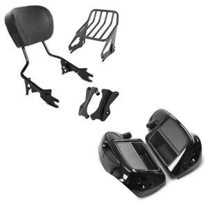 Set: Sissybar mit Gepäckträger W1 und Montagekit für Harley Touring 14-21 + Beinschild für Harley Touring Modelle 2014-2021 belüftet schwarz_1