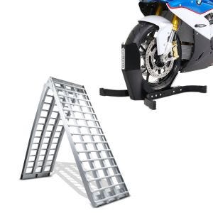 Set: Rampe de Chargement V en Aluminium pour Moto, Scooter, Quad, ATV + Bloque Roue Easy-Plus Bequille Avant à 21 Pouces noir-mate