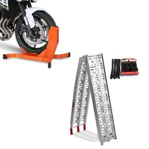 Set: Alu Auffahrrampe Spanngurt Set CS1 Alurampe max. 340kg + Motorradwippe Easy-Plus Motorradständer bis 21 Zoll orange_1