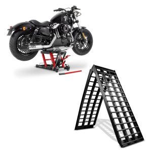 Set: Alu Auffahrrampe V , bis 680 kg, klappbar, für Motorrad, Scooter, Quad + Hebebühne Mid-Lift L Motorradheber für Harley und Chopper bis 680 k_1