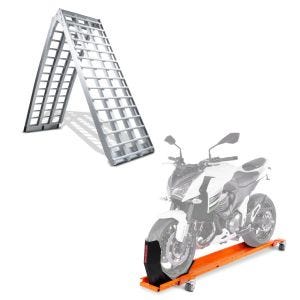 Set: Alu Auffahrrampe V, bis 680 kg, klappbar, für Motorrad, Scooter, Quad + Rangierschiene mit Wippe Smart Mover bis 450 kg in orange_1