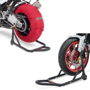 Set: Reifenwärmer Set Laguna Seca 60-80°C passend für Vorderrad und Hinterrad Constands + Montageständer Vorderrad Evo-V mit V-Aufnahmen gefedert matt