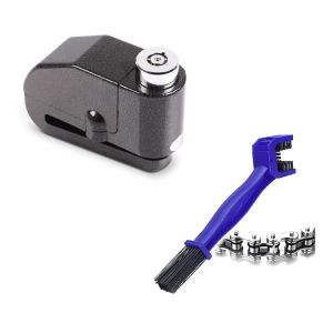 Set: Bremsscheibenschloss Alarm 110dB BS-Motoparts Diebstahlschutz schwarz + Reinigungsbürste Motorradkette blau