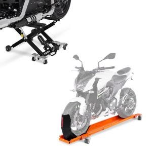 Set: Rail de Range avec Bloque Roue Smart Mover max. 450 kg + Moto Pont elevateur ciseaux Mid-lift XL Cric hydraulique 500kg en noir