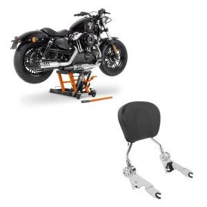 Set: Sissybar Harley Road King Classic 09-19 Fast Driver-S chrom + Hebebühne Mid-Lift L Motorradheber für Harley und Chopper bis 680kg_1