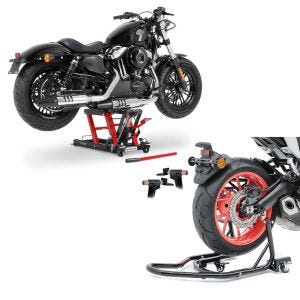 Set: Moto Pont elevateur ciseaux L compatible avec moto custom et Chopper 680kg en rouge + Béquille d'Atelier arriere aide au Rangement Mover 2 noir CB38759