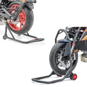 Set: Béquille sous tete de fourche Falcone leve moto roue avant + Béquille d'atelier arrière ST Racing noir mat