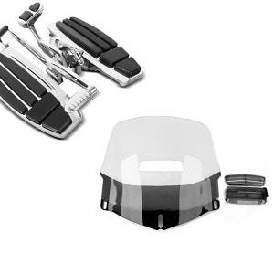Set: Fahrer Trittbretter passend für Honda Goldwing GL 1800 / F6B / F6C 01-16 Fussraste + Windschild passend für Honda Goldwing GL 1800 01-16 mit Lüftungsgitter klar