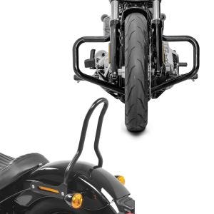 Set: Motorrad Sturzbügel Craftride Mustache passend für Harley Davidson Softail 18-24 in schwarz + Sissybar passend für Harley Davidson Softail 18-24 Craftride Tampa S schwarz