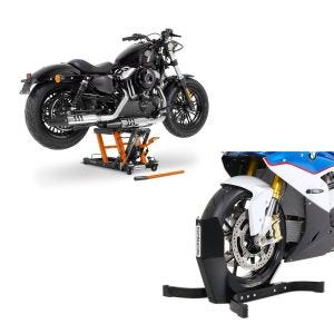 Set: Hebebühne Mid-Lift L Motorradheber für Harley und Chopper bis 680kg + Motorradwippe Easy-Plus Motorradständer bis 21 Zoll schwarz-matt_1