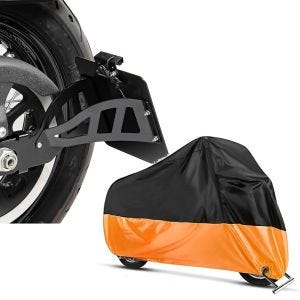 Set: Support de plaque latérale compatible avec Harley Davidson Dyna Street Bob 06-17 CRB Craftride noir + Housse moto compatible avec moto custom Craftride XXL en noir-orange