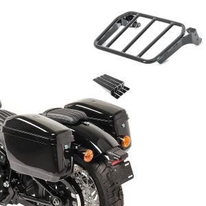 Set: Seitenkoffer Set Nevada für Chopper je 20Ltr inkl. Haltesatz + Gepäckträger für Sissybar für Harley Fat Bob / 114 18-21 schwarz_1