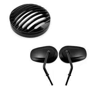 Set: Scheinwerfer Grill passend für Harley Davidson Dyna Street Bob 06-17 schwarz von Craftride + Motorrad Spiegel Craftride CS22 passend für Harley Davidson Modelle schwarz