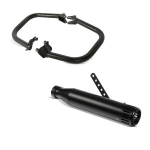 Set: Sturzbügel passend für Harley Davidson Street 750/ Rod 15-20 Craftride SR1 schwarz + Craftride Endschalldämpfer passend für Chopper / Custombike Auspuff Straight schwarz CB6926