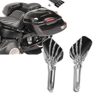 Set: Seitenkoffer Set Delaware je 33Ltr rechts und links inkl. Haltesatz + Spiegel Skelett Hand für Harley-, Japaner,Triumph chrom-schwarz_1