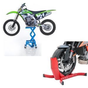 Set: Motorradheber Enduro Cross-Lift XL Motocross Scherenheber mit Rollen + Motorradwippe Easy-Plus Motorradständer bis 21 Zoll rot_1