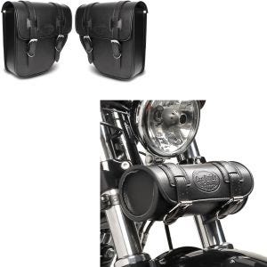 Set: Satteltaschen Texas je 10Ltr Paar rechts und links in schwarz + Werkzeugrolle Elgin 2,4Ltr für Chopper Cafercaer und Scrambler in_1