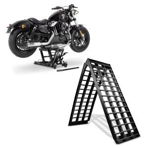 Set: Alu Auffahrrampe V , bis 680 kg, klappbar, für Motorrad, Scooter, Quad + Hebebühne Mid-Lift L Motorradheber für Harley und Chopper bis 680 kg_1