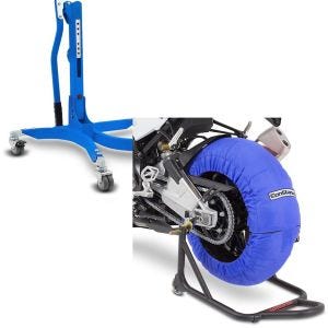 Set: Zentralständer ohne Adapterplatte in blau Motorradheber Power-Classic + Reifenwärmer Set 60-80°C für Vorderrad und Hinterrad 17 Zoll in blau_1