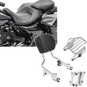 Set: Sitzbank passend für Harley Davidson Touring 09-24 Komfortsitzbank Craftride CV schwarz + Sissybar mit Gepäckträger KI und Montagekit passend für Harley Davidson Touring 14-24 chrom Craftride